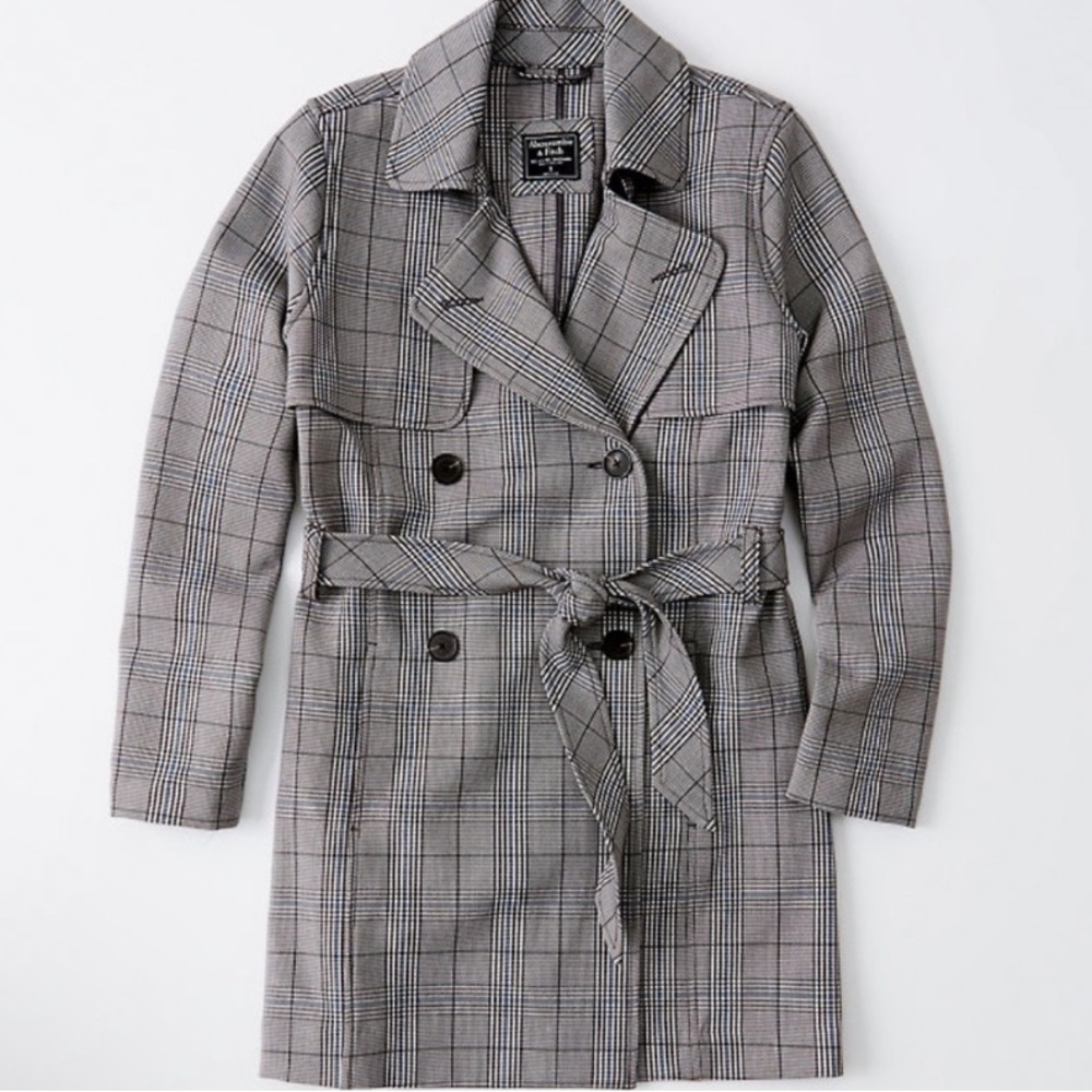 Abercrombie XS gray plaid drapey trench